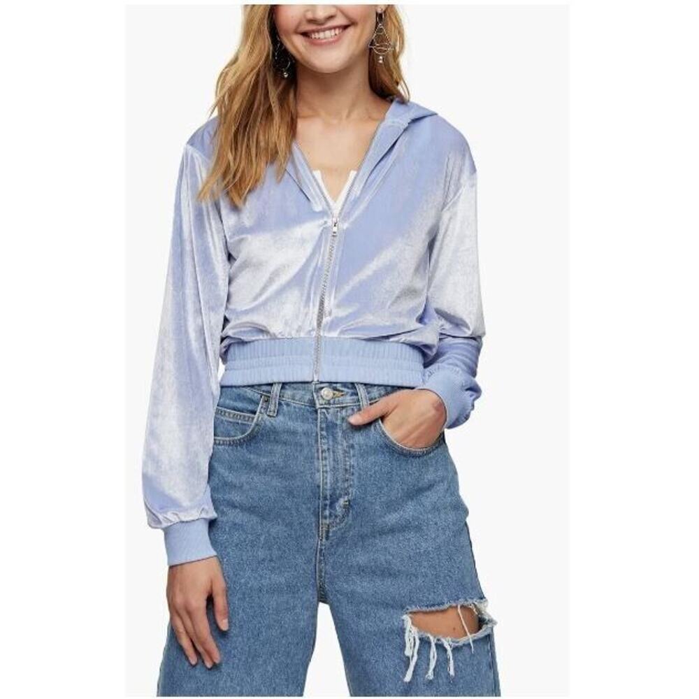 Topshop Women's Long Sleeve Smocked Hem Velour Zip Hoodie Blue Size 14 MSRP $65